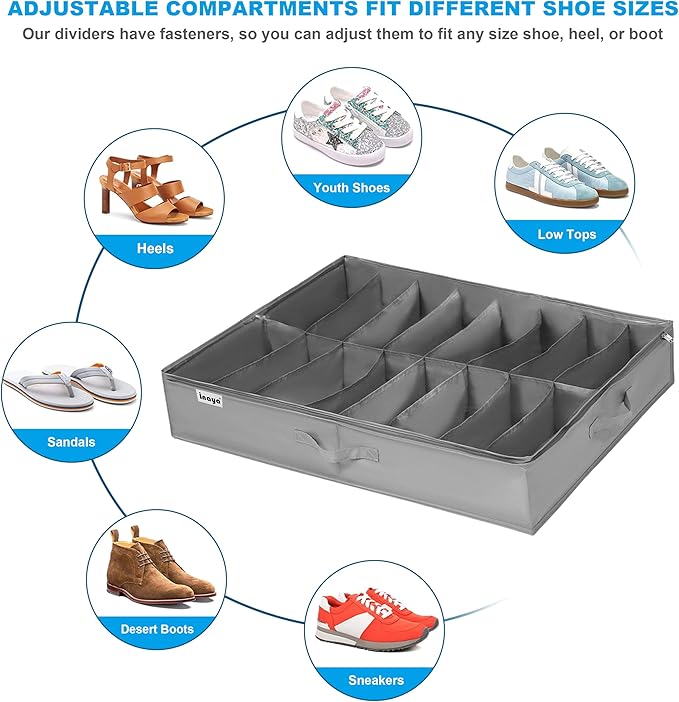 INAYA Under Bed Shoe Storage Organizer Set of 2, Fits 32 Pairs, Underbed Shoe Box Storage Containers Adjustable Dividers w/Bottom Support, Clear Foldable Shoes Storage w/Reinforced Handles