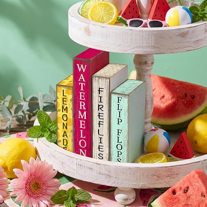 Lineshading 4 Pcs Summer Table Decoration Wooden Book Lemon Watermelon Wooden Sign Yellow and Red Summer Tiered Tray Decor Wood Book Sign Farmhouse for Home Shelf Coffee Table