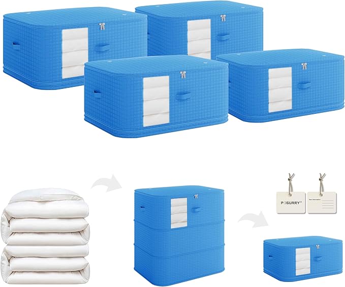 3-Layer Compressible with Zippers Blanket & Comforter Storage Bag,Ultra Space Saving Self Compression Organizer，Save 50% Space, 4 PCS，Blue