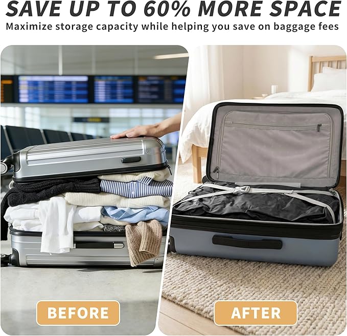 Upgraded Vacuum Bag for Travel, Professional IPX8 Waterproof Reusable Vacuum Compression Bags for Travel Suitcases, Durable Space Saver Bag(2 PACK TPU Black,With Pump)