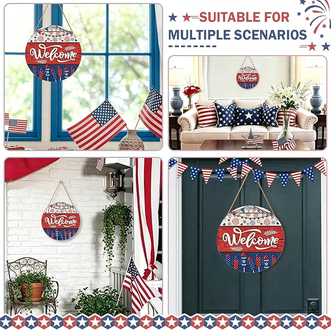 Memorial Day Decorations Door Sign for Front Door, Independence Day Patriotic Wreaths Welcome Sign, Round Wood Hanging Door Sign for Memorial Day 4th of July Patriotic Wreaths Outdoor 12”x 12”