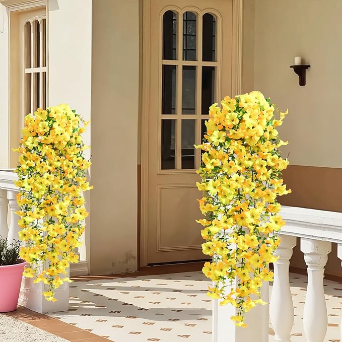 Waipfaru Artificial Petunias Flowers for Outdoors, 2 Pcs UV Resistant Fake Hanging Plants Spring Outside Decor, Faux Silk Flowers Long Trailing Vines for Outdoor Planters Porch Garden (Yellow)