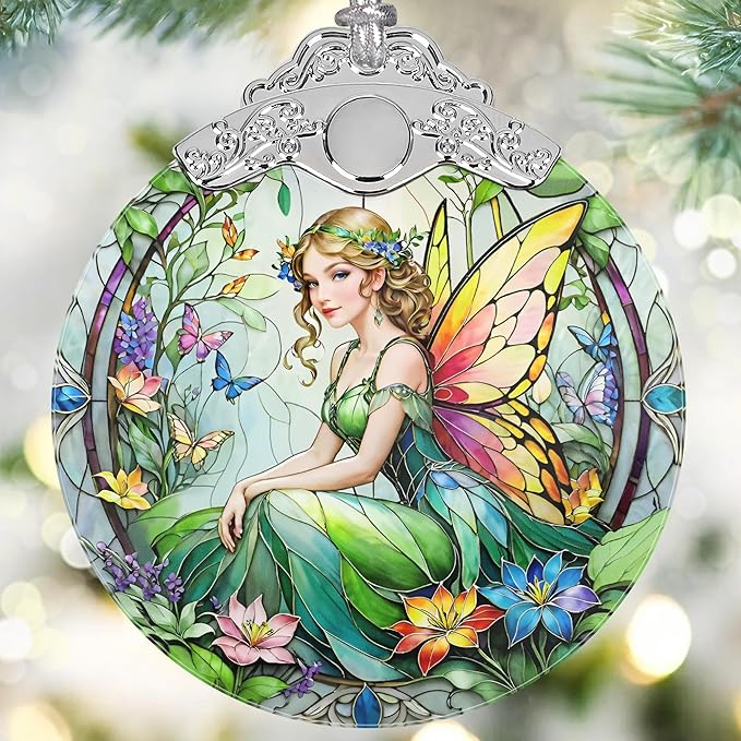 Jocidea Vintage Fairy Stained Glass Hanging Decor - Christmas Tree Ornaments & Decorations - Gifts for Women, Mom