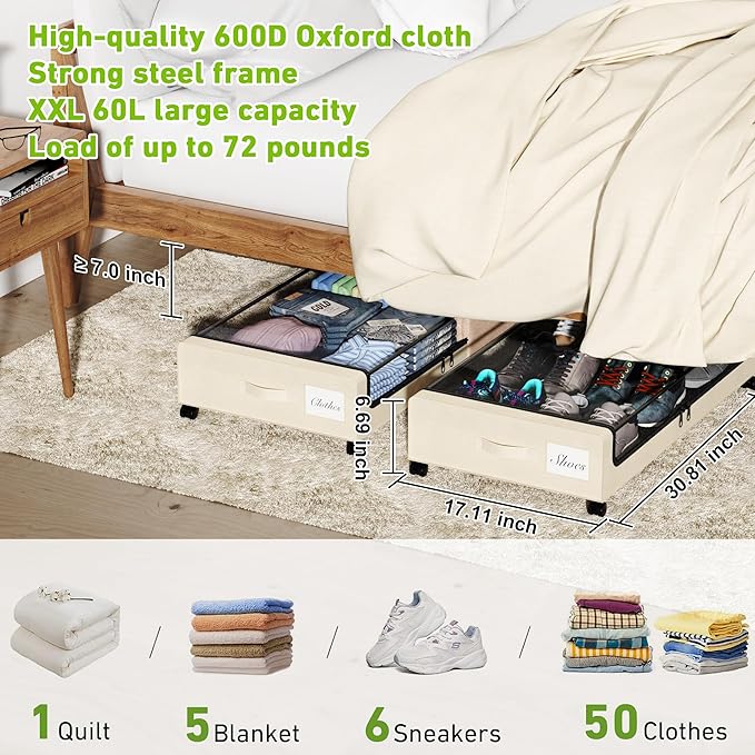 Under Bed Storage with Wheels, XXL 60L Under the Bed Storage Bins, Underbed Storage Containers with Lids & Label, Rolling Metal Drawer for Shoes, Clothes, Books, Toys (4-Pack Beige)