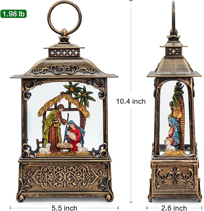 Christmas Snow Globes Lantern with Music, Jesus Christ Nativity Scene Snow Globe with Swirling Glitter Effects, USB/Battery Powered with 6-Hour Timer, Christmas Decorations