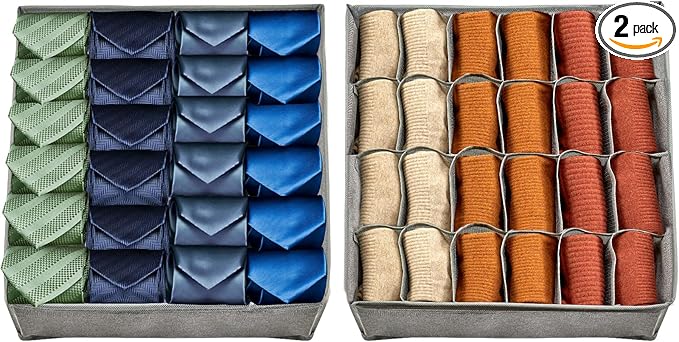 2 Pack 48-Cell Fabric Sock Organizer and Tie Organizer For Men - Fabric Foldable Drawer Divider for Socks, Underwear, Ties and Belts - Foldable, Multi-Cell Design, Space-Saving (Grey)