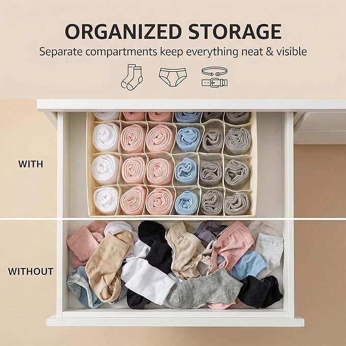 Beige 24 Grid 3 Pack Foldable Underwear Sock Storage Organizer, Non-Woven Fabric Closet Drawer Divider Bins for Socks, Ties, Baby Clothes, Dresser & Wardrobe Organization Boxes (Beige 3 Pack)