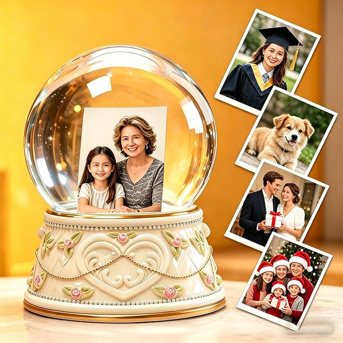 Large DIY Photo Frame Snow Globe with Double Sided Photo Insert, 5.5Inch Height Snow Globe with Liquid Resin Base, Christmas Thanksgiving Family Friends Gift, Desktop Tabletop Decoration