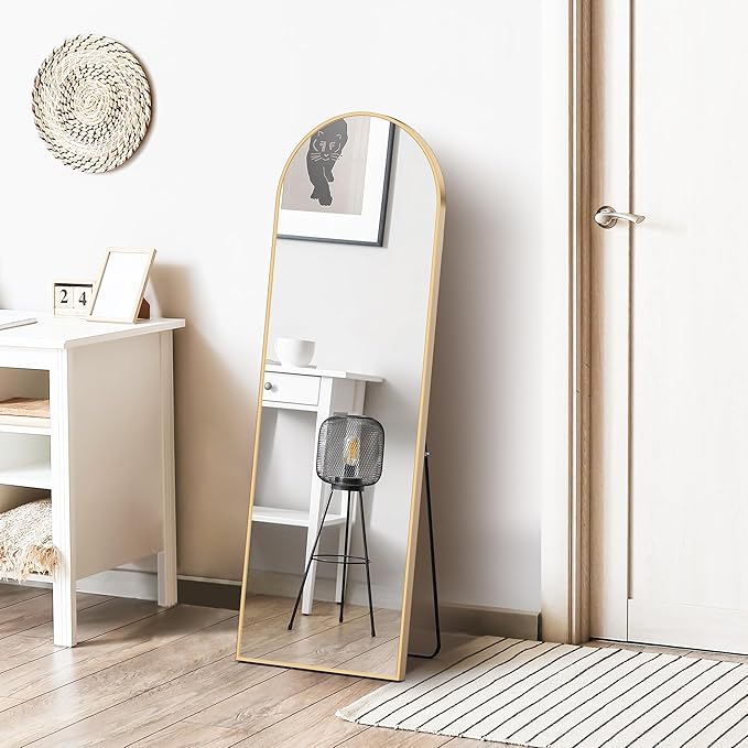 DUMOS 59"x16" Arched Full Length Mirror with Stand, Floor Standing Aluminum Frame, Shatter-Proof Nano Glass for Bedroom, Living Room, Cloakroom – Modern Simple Home DecorHanging or Leaning,Gold