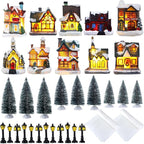 Shappy 48 Pcs Christmas Village Houses Town Buildings Accessories 10 Light up Christmas Village House 12 Mini Trees 12 LED Lights 2 Snow Blanket Box for DIY(Classical Style)