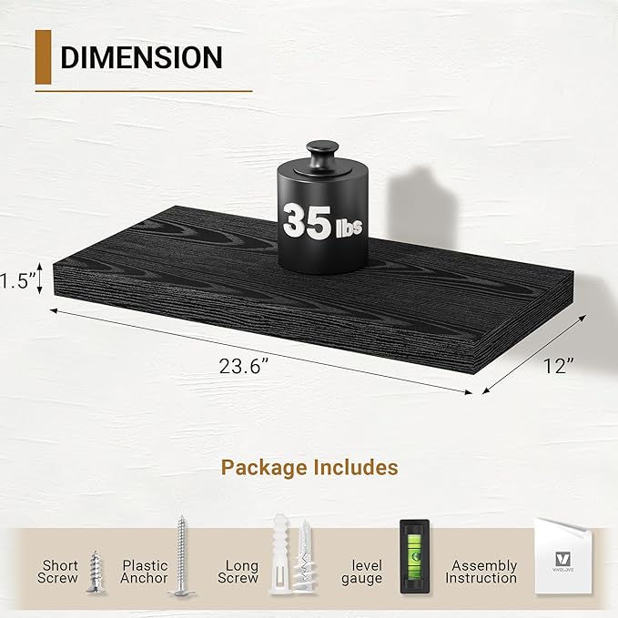 Vivelove Black Floating Shelves 24 Inches Wide, 12" Deep Wall Shelves for Bedroom, Bathroom, Living Room, Kitchen, Office, Rustic Home Decor Shelf with Invisible Brackets, 23.6X12X 1.5, Set of 2