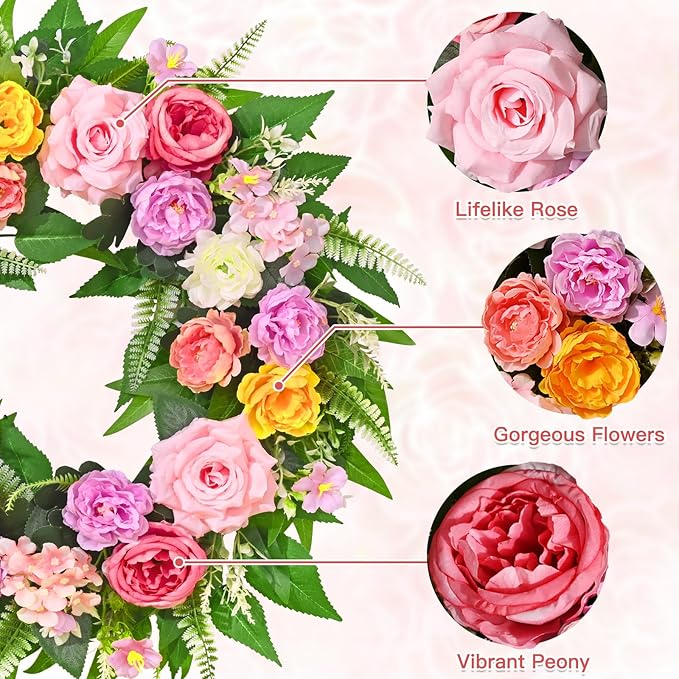 Yastouay Summer Wreaths for Front Door, 24 Inch Large Summer Wreath with Realistic Rose Peony, Full Floral Wreaths for Front Door Porch Farmhouse Patio Wall Decor All Season