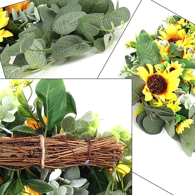 Artificial Sunflower Swag, 17.7inch Decorative Flower Swag Wedding Arch Decor, Fake Flower Wreath Sunflower Swag Garland, Green Leaves Hanging Ornament Floral Swag Door Swag for Wedding Home(Yellow)