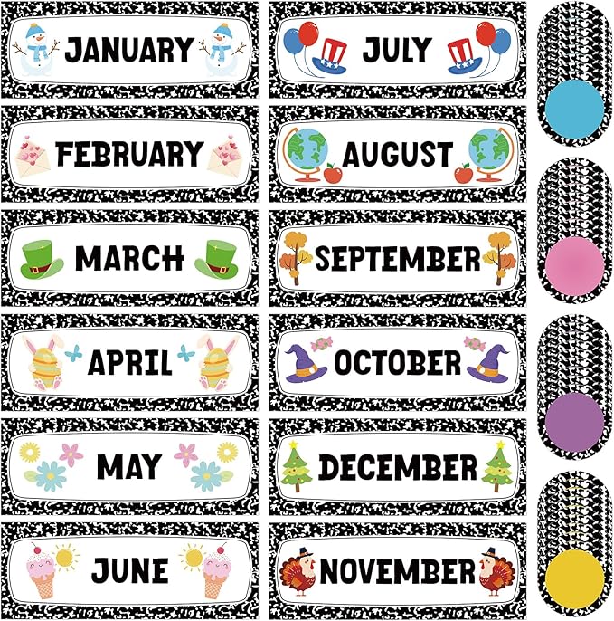 Zonon 48 Pcs Months of the Year Bulletin Board Set 12 Monthly Headliners Holiday Seasonal Monthly Bulletin Board Borders with 36 Round Blank Confetti Cutouts for Classroom (Trendy Style)