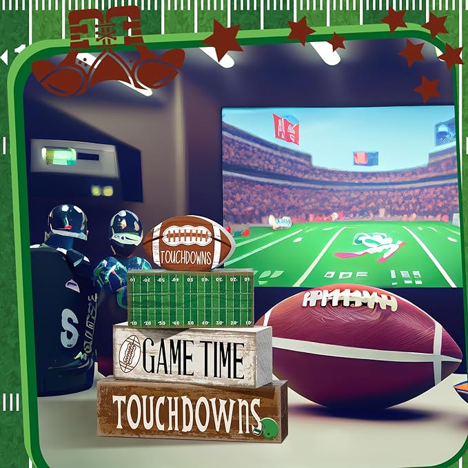 Yuntau 4 Pcs Fall Football Table Decorations Football Tiered Tray Decor Autumn Wooden Blocks Sign Game Time Touchdowns Centerpiece Decorative Faux Book Stack for Coffee Table Fireplace Mantel Shelf