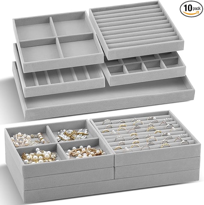 Set of 10 Stackable Jewelry Organizer Trays for Drawer 14 Inch Velvet Jewelry Drawer Insert Display Storage with Removable Divider for Necklace Earring Ring Watch Bracelet (Gray)