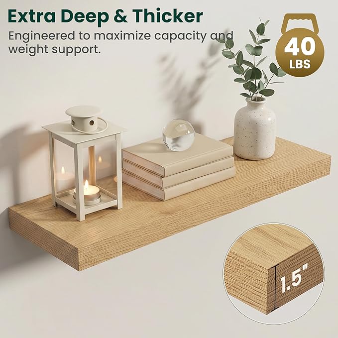 Floating Shelves for Wall 32 in x 9.3 in Deep, Wall Mounted Rustic Wood Shelf with Invisible Brackets for Storage & Display, Living Room Bedroom Bathroom, Oak, 2 Pack