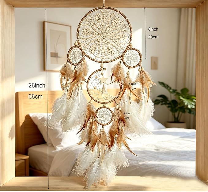 5 Pcs/Set Large Dream Catchers Boho Wall Decor Feather Handmade Traditional Dream Catcher Wall Hanging Decor for Kids Bedroom Adult Living Room Home Bohemian Decorations (Hemp Rope)
