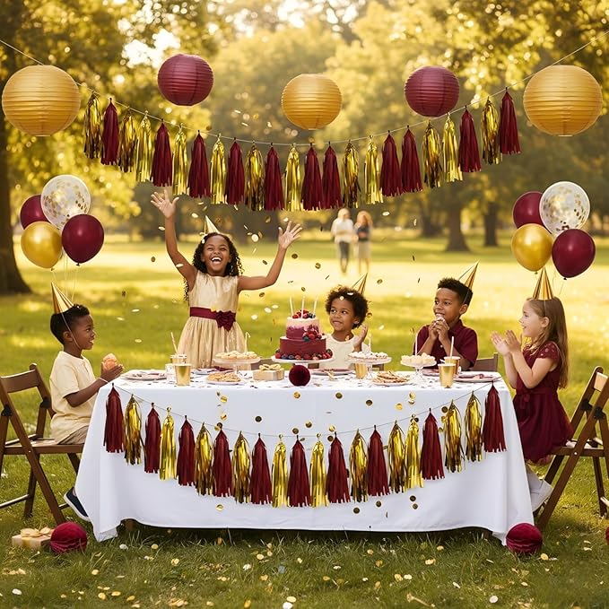 20Pcs Burgundy and Glod Paper Tassel Garland,Maroon and Glod Tissue Tassel Banner for Party Decorations