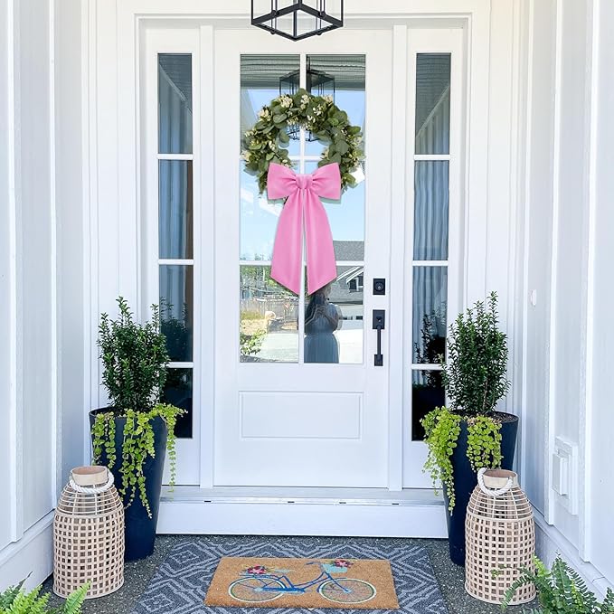 2 Pcs Pink Wreath Sash for Front Door Linen Wreath Ribbon Bow for Yard Porch Garland Home Decor