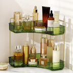YCIA&DONE Corner Bathroom Counter Organizer, Makeup Organizer for Vanity, Skincare Cosmetic Perfume Tray, Corner Countertop Shelf Rack Storage for Bathroom Kitchen 2 Tiers (Vintage Green)