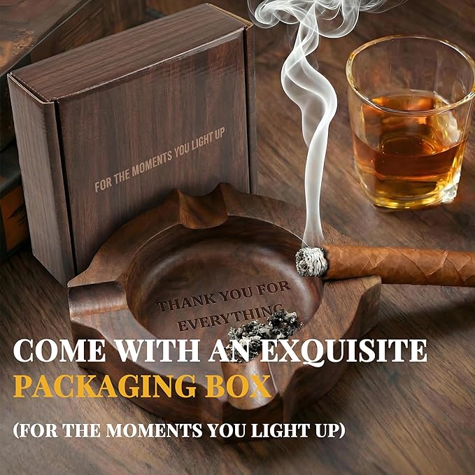 Fathers Day Birthday Gift, Cigar Ash Tray for Men Home Ashtrays For Dad Grandpa- Thank You For Everything Wooden Cigar Ashtrays Walnut Outdoor Ash Tray for Husband Cigar Lover