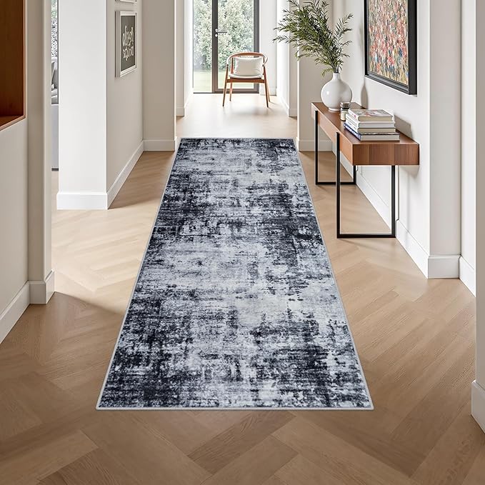Washable Area Rug 3x8 Entryway Rug: Washable Modern Abstract Soft Thin Rug Indoor Floor No Slip Stain Resistant Carpet for Bedroom Dining Room Farmhouse Nursery Home Office - Dark Black