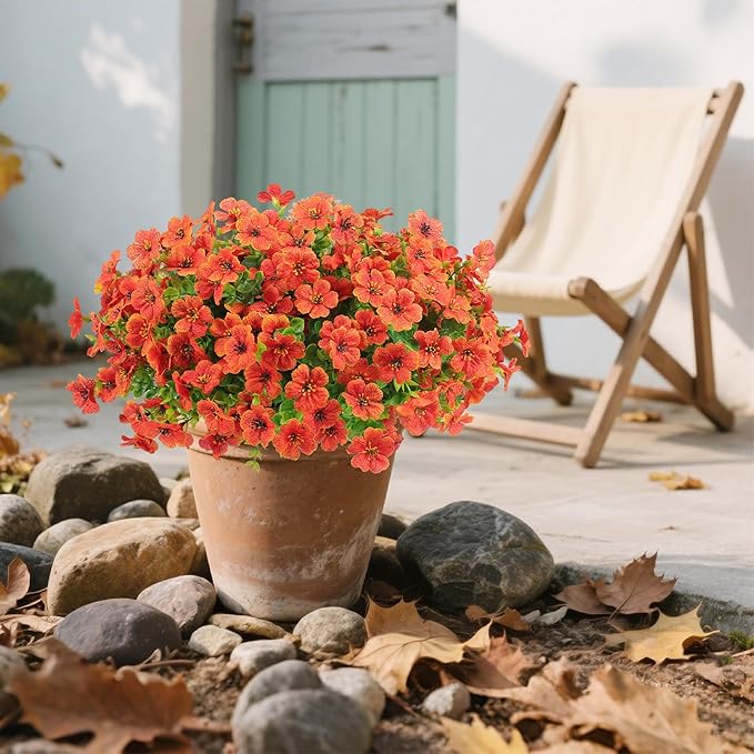 Artificial Faux Flowers Plants for Outdoors Outside Fall Autumn Decoration,12 Bundles Realistic Fake Mums Flowers Plant Greenery Silk Daisy UV Resistant Planters Balcony Porch Patio Garden Home Orange