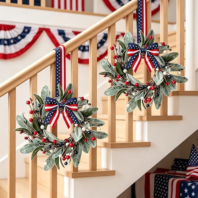 4 PCS Patriotic 4th of July Hanging Wreaths for Cabinets Small Independence Day Wreaths for Front Door with Red White Blue Berries & Lamb's Leaves Memorial Day Labor Day Mini Wreath for Home Decor