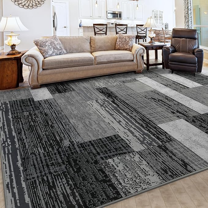 FlyDOIT Modern Geometric Patchwork Area Rug, 8x10 Grey Large Rugs for Living Room, Rockwood Collection Indoor Rugs for Bedroom, Throw Carpet Floor Decor for Entryway Dining Room Office Nursery