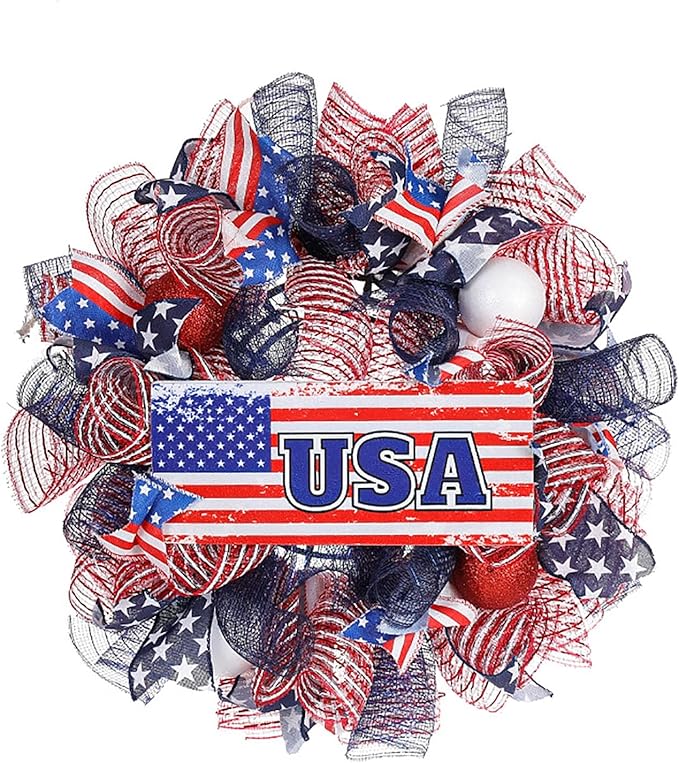 Patriotic Wreath for Front Door Red White Blue Wreath 4th of July Wreaths for Door Wall Memorial Day Decor Independence Day Hanging Decoration for Outside Home Farmhouse Holiday (USA)