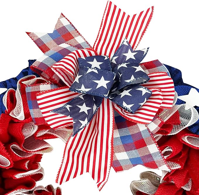 XKCL Patriotic Burlap Wreaths, 20 Inch 4th of July Wreath for Front Door Decorations Memorial Day Wreath Handcrafted American Flag Printed (Bule＆red)