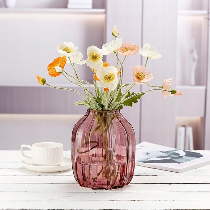 Large Pink Glass Vase for Flowers Ribbed Tall Pink Red Floor Vase 8.0" Decorative Vases for Home Table Centerpieces Flowers Decor and Farmhouse