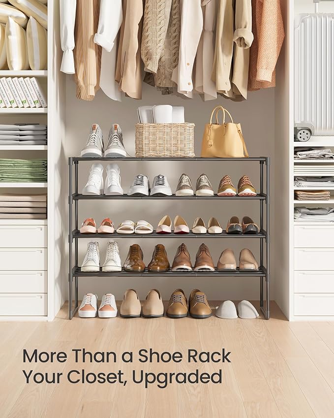 SONGMICS Shoe Rack, 4-Tier Shoe Organizer, Metal Storage Shelf, Upright or Upside Down, for 20-25 Pairs, Stackable, for Entryway, 11.8 x 36.2 x 29.1 Inches, Black ULSA14BK