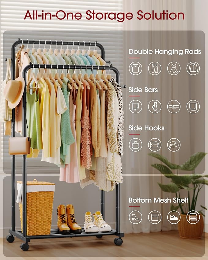 Clothes Rack - Double Rods Clothing Rack with Mesh Shelf, Hooks & Wheels, Metal Clothing Racks for Hanging Clothes & Bags, Multifunctional Garment Rack for Laundry, Black, 28.7" x 16.5" x 59.1"