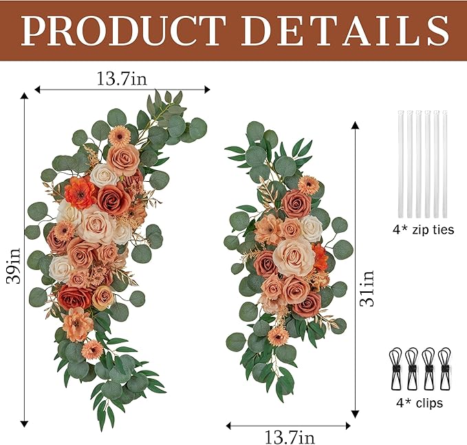 Ting's time Wedding Arch Flowers Pack of 2 Artificial Silk Large Flower Swag Welcome Sign Floral Swag Reception Backdrop Floral Decor for Fall Wedding Party Ceremony (Burnt Orange)