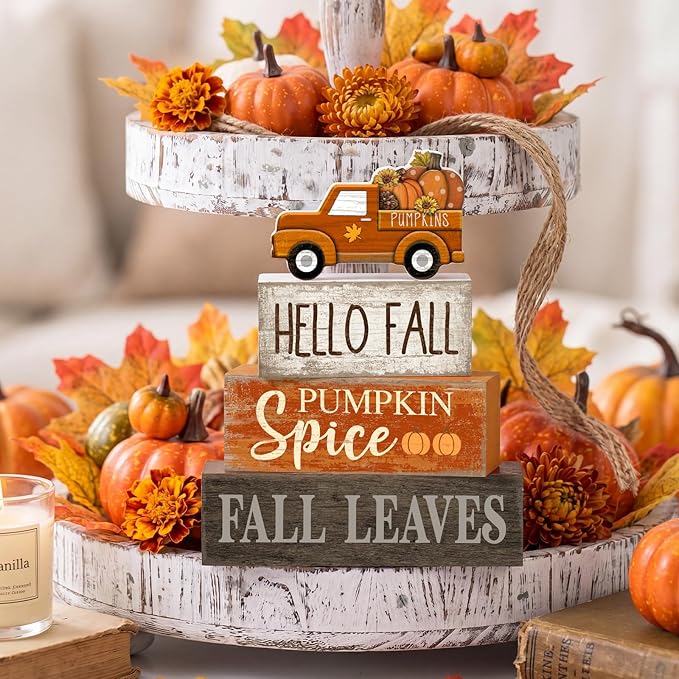Moucuny 4 Pcs Fall Decoration for Home Fall Truck Decor Thanksgiving Tiered Tray Decor Rustic Wooden Truck Block Sign Thanksgiving Centerpiece Autumn Table Decorations for Harvest Party Kitchen Home