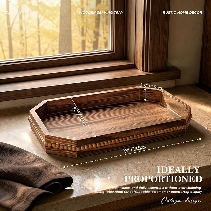 Farmhouse Decorative Tray with Beaded Sides for Boho Decor - Wood Serving Tray for Coffee Table - Vintage Decor for Coffee Bar Accessories, Perfume Organizer Centerpiece (Vintage Brown)