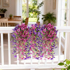 Fake Artificial Flowers for Outdoors, 4 Pcs Faux Hanging Pansy Flowers Spring Summer Decor, UV Resistant No Fade Fake Plants Silk Flower for Planter Front Door Porch Patio Yard Garden(Purple Rose Red)