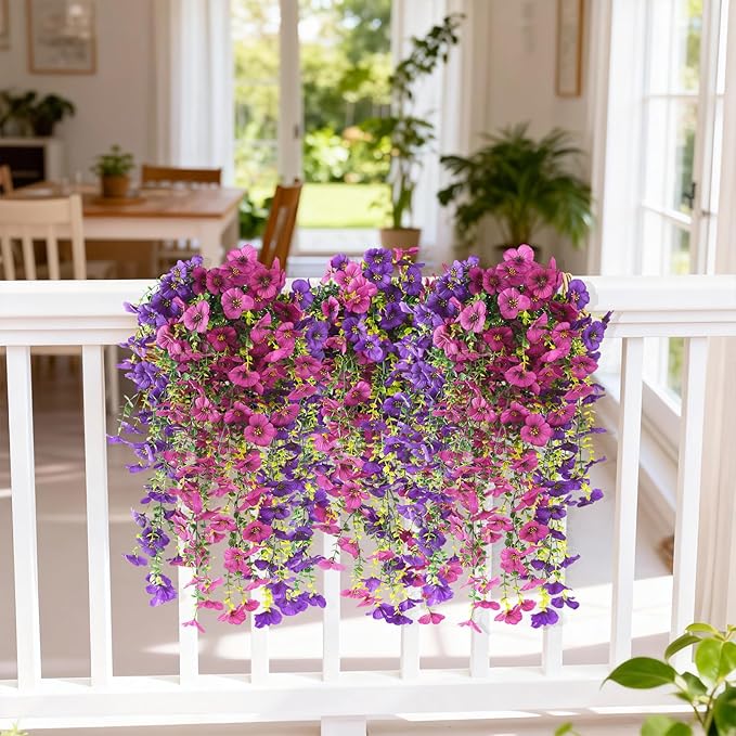 Fake Artificial Flowers for Outdoors, 4 Pcs Faux Hanging Pansy Flowers Spring Summer Decor, UV Resistant No Fade Fake Plants Silk Flower for Planter Front Door Porch Patio Yard Garden(Purple Rose Red)