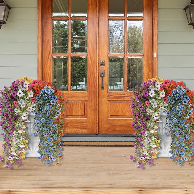 Artificial Hanging Flowers for Outdoors, 6 Pcs Fake Plant for Spring Summer Decoration, UV Resistant Realistic Silk Faux Flowers Outside Indoor Planter Porch Patio Balcony Yard Decor