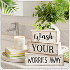 Moucuny 4 Pcs Farmhouse Laundry Room Decor Stacked Blocks Wash Your Worries Away Sign Funny Bathroom Shelf Decor and Accessories Rustic Eucalyptus Leaves Block Signs for Home Bathroom Toilet Washroom