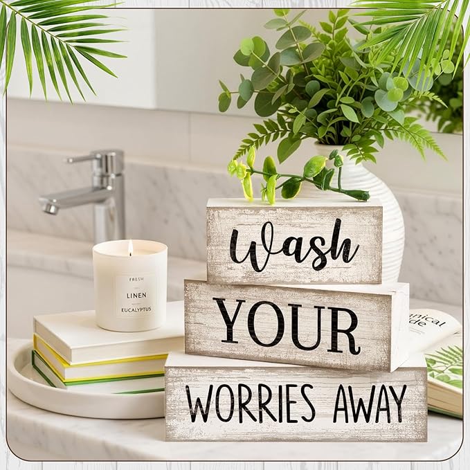 Moucuny 4 Pcs Farmhouse Laundry Room Decor Stacked Blocks Wash Your Worries Away Sign Funny Bathroom Shelf Decor and Accessories Rustic Eucalyptus Leaves Block Signs for Home Bathroom Toilet Washroom