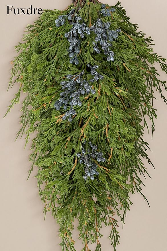 20" Christmas Artificial Juniper Swag Blueberries Teardrop Front Door Decoration Pine Cedar Real Touch Xmas Faux Evergreen Juniper Swag with Hanging Ring for Windows Wall Stair Outdoor Decor