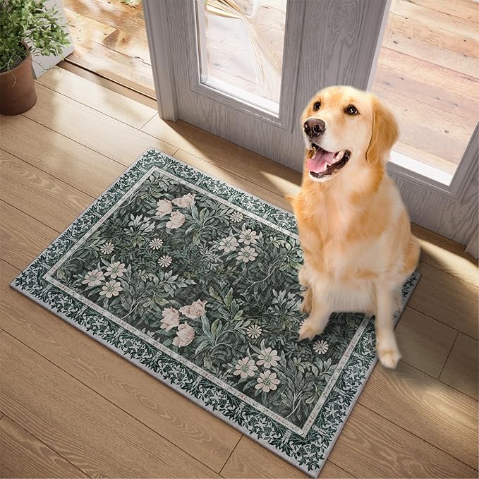 Washable Entry Vintage Floral with Ornate Border Rug 2x3 - Front Door Rugs Indoor, Non-Slip Bathroom Small Rugs, Vintage Floral Style Rug for Kitchen, Perfect for Entryway Décor