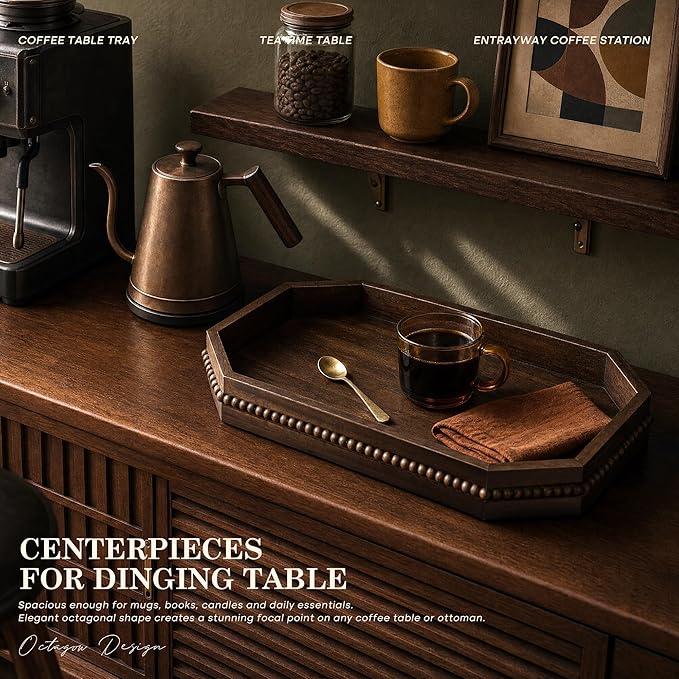 EOSAHR Acacia Wood Rustic Decorative Tray with Beads for Room Decor - Farmhouse Serving Tray for Coffee Table - Ideal for Displaying Bathroom Decor Accessories (Dark Acacia)