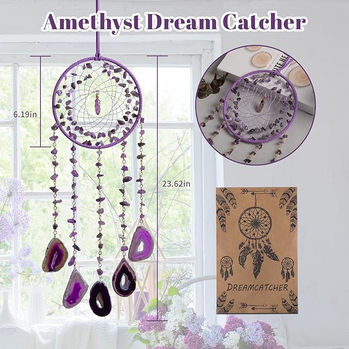 Purple Dream Catchers Amethyst Crystal Dreamcatcher Sun Catchers with Crystals Wall Window Hangings Bedroom Home Decor Gift for Girls Boys Adults