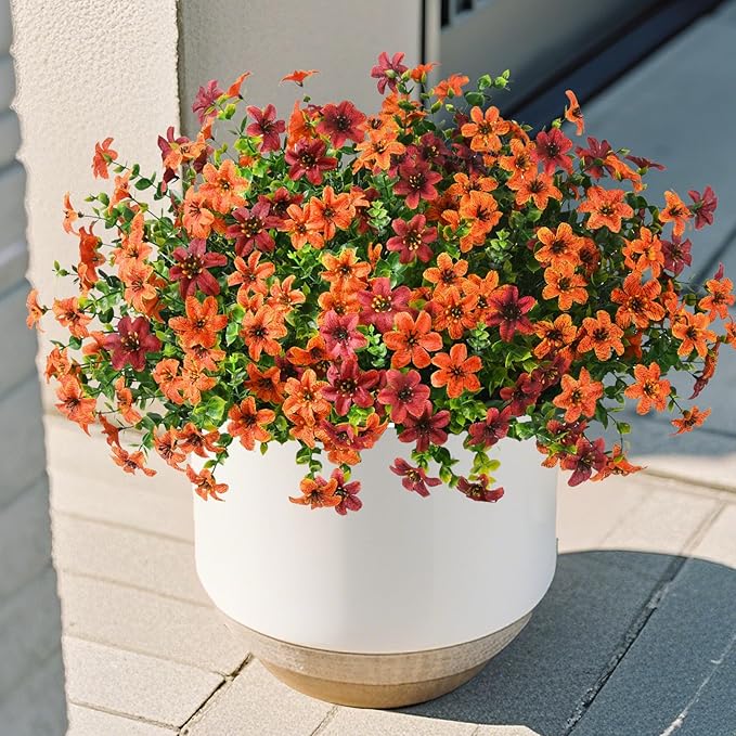Artificial Flowers for Outdoors 12 Bundles Realistic Faux Silk Flower with Eucalyptus Stem, Fake Plants UV Resistant No Fade for Outside Planter Porch Patio Yard Window Garden Spring Summer Decoration