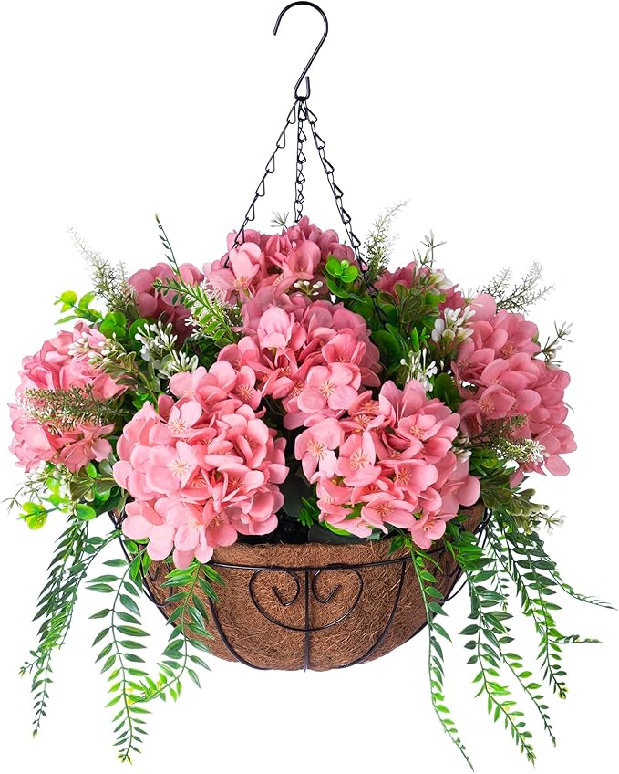 Artificial Hanging Hydrangea Flowers with Basket for Outdoor Spring Decoration, Fake Silk Hydrangea Flower Outdoor Indoor Arrangements, Fake Hanging Plants for Balcony Garden Yard Decor(Champagne)