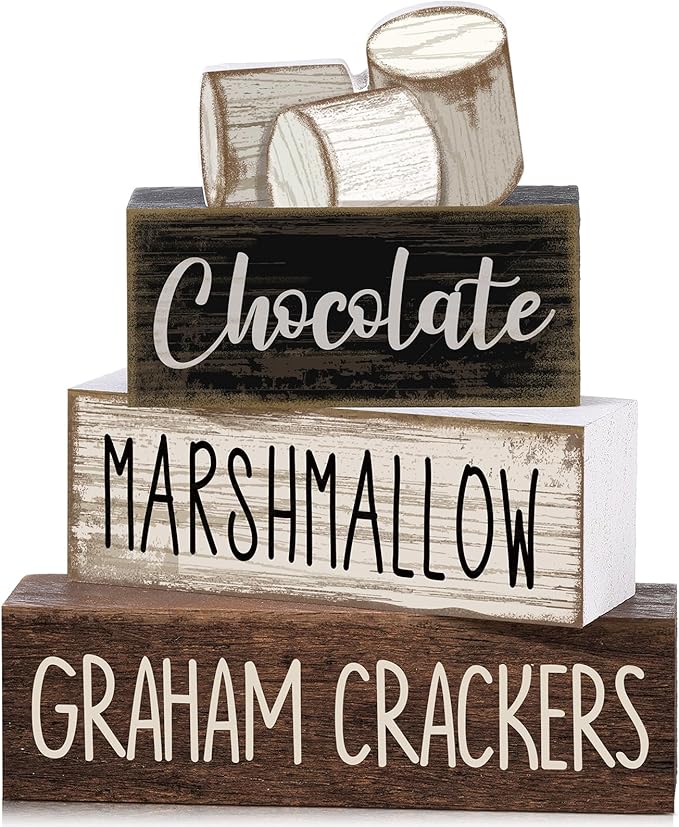 Moucuny 4 Pcs Christmas Table Decoration Wooden Marshmallow Chocolate Christmas Tiered Tray Decor Xmas Centerpiece Decorative Hot Cocoa Marshmallow Block Signs Gift Winter Decoration for Home Kitchen